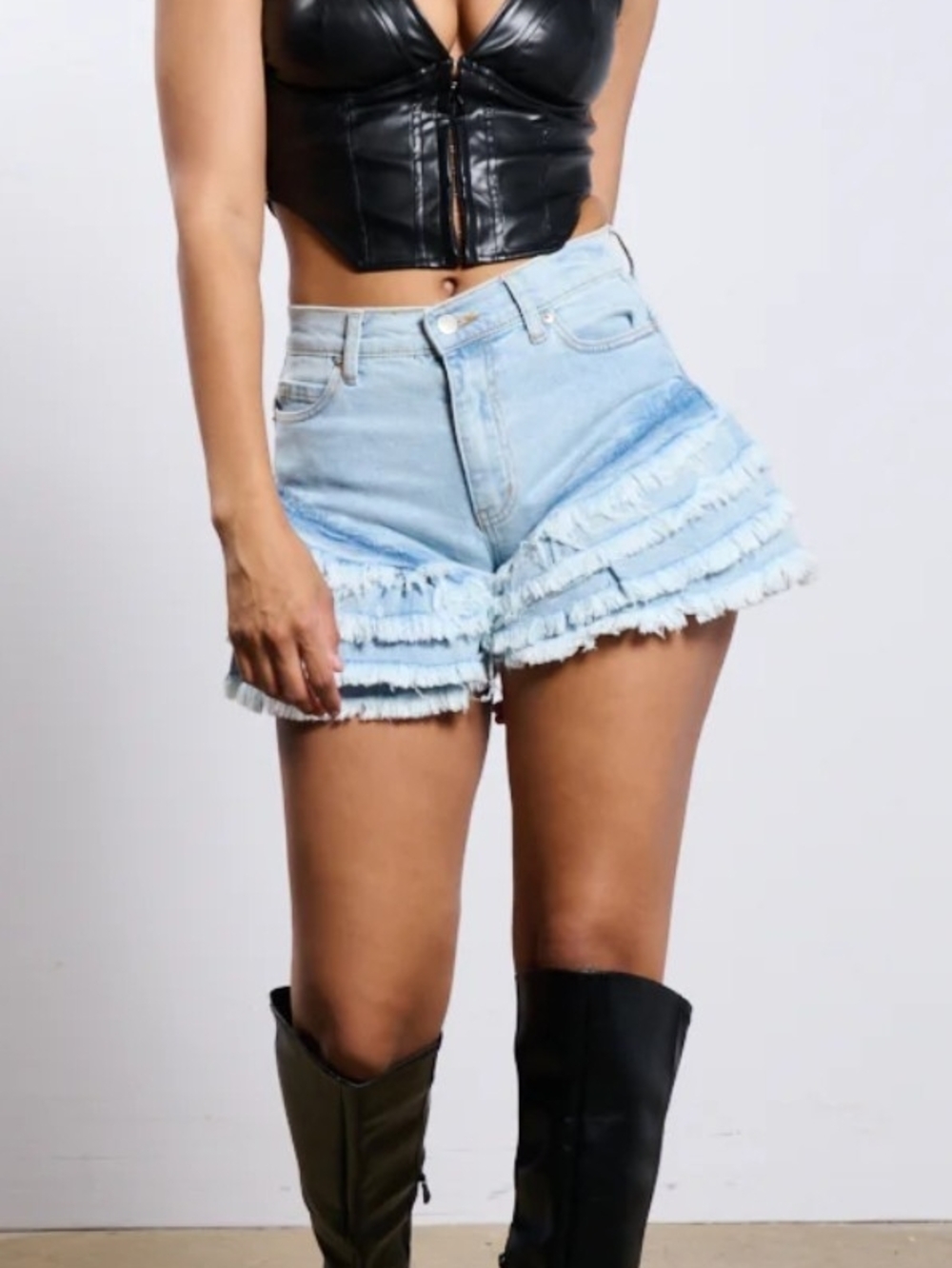 AKIRA Light Blue High-Rise Ruffle Hem Denim Shorts